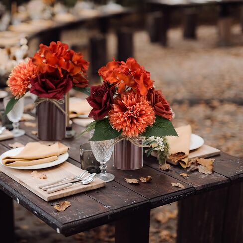 Zeyune 6 مجموعات الخريف زهرة الزفاف الجدول المركزية باقات البرتقال المحروق الاصطناعي مع مزهرية معدنية ريفية زهرة الكوبية وهمية في وعاء ترتيب الزهور لحفل الزفاف ديكور المنزل (لون أنيق) in Kuwait