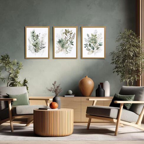 LLEEMPI Sage Green Wall Art مجموعة من 3، ديكور حائط نباتي بألوان مائية حديثة، لوحة قماشية على شكل أوراق الأوكالبتوس، طباعة ملصق كلاسيكي بسيط من الأزهار لغرفة النوم والحمام والمكتب ومؤطرة بالخشب مقاس 12 × 16 بوصة in Saudi Arabia
