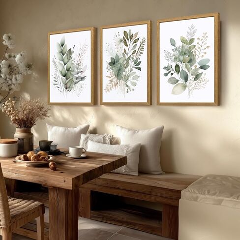 LLEEMPI Sage Green Wall Art مجموعة من 3، ديكور حائط نباتي بألوان مائية حديثة، لوحة قماشية على شكل أوراق الأوكالبتوس، طباعة ملصق كلاسيكي بسيط من الأزهار لغرفة النوم والحمام والمكتب ومؤطرة بالخشب مقاس 12 × 16 بوصة in Saudi Arabia