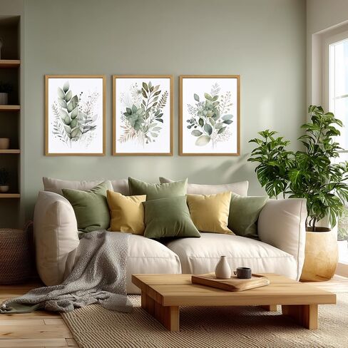 LLEEMPI Sage Green Wall Art مجموعة من 3، ديكور حائط نباتي بألوان مائية حديثة، لوحة قماشية على شكل أوراق الأوكالبتوس، طباعة ملصق كلاسيكي بسيط من الأزهار لغرفة النوم والحمام والمكتب ومؤطرة بالخشب مقاس 12 × 16 بوصة in Saudi Arabia