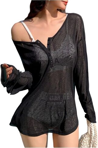 Milumia Women's Button Front Sheer Tops V Neck Long Sleeve Loose Casual Tee Tshirt in Saudi Arabia