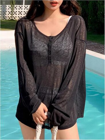 Milumia Women's Button Front Sheer Tops V Neck Long Sleeve Loose Casual Tee Tshirt in Saudi Arabia