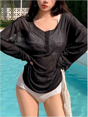 Milumia Women's Button Front Sheer Tops V Neck Long Sleeve Loose Casual Tee Tshirt in Saudi Arabia