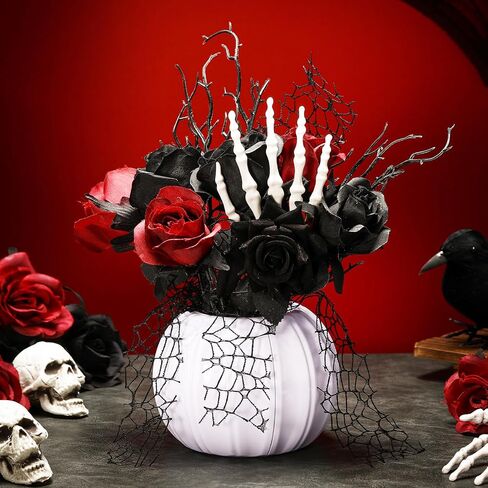 Chuangdi Halloween Table Centerpieces Decorations Halloween Table Artificial Flowers Decor Gothic Skeleton Hand with Black Red Fake Roses Removable Pumpkin Vase for Party Dining Photo Props in Saudi Arabia