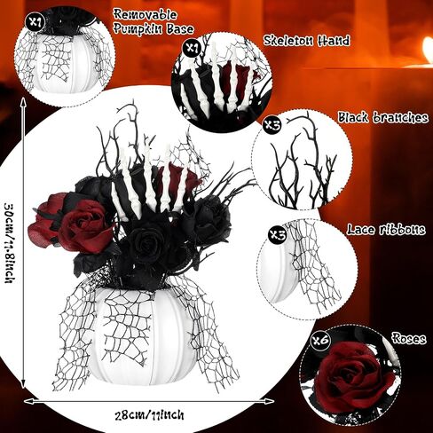 Chuangdi Halloween Table Centerpieces Decorations Halloween Table Artificial Flowers Decor Gothic Skeleton Hand with Black Red Fake Roses Removable Pumpkin Vase for Party Dining Photo Props in Saudi Arabia