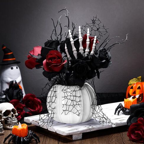 Chuangdi Halloween Table Centerpieces Decorations Halloween Table Artificial Flowers Decor Gothic Skeleton Hand with Black Red Fake Roses Removable Pumpkin Vase for Party Dining Photo Props in Saudi Arabia