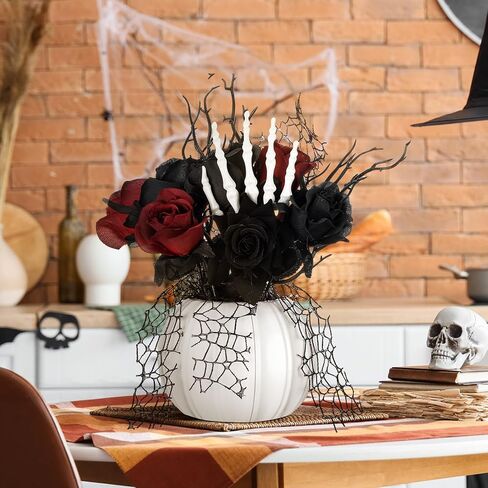 Chuangdi Halloween Table Centerpieces Decorations Halloween Table Artificial Flowers Decor Gothic Skeleton Hand with Black Red Fake Roses Removable Pumpkin Vase for Party Dining Photo Props in Saudi Arabia
