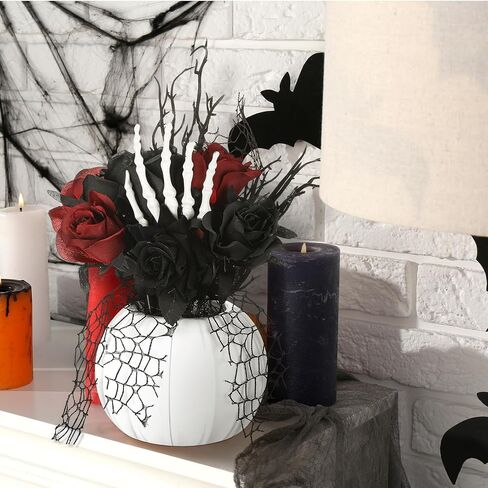 Chuangdi Halloween Table Centerpieces Decorations Halloween Table Artificial Flowers Decor Gothic Skeleton Hand with Black Red Fake Roses Removable Pumpkin Vase for Party Dining Photo Props in Saudi Arabia