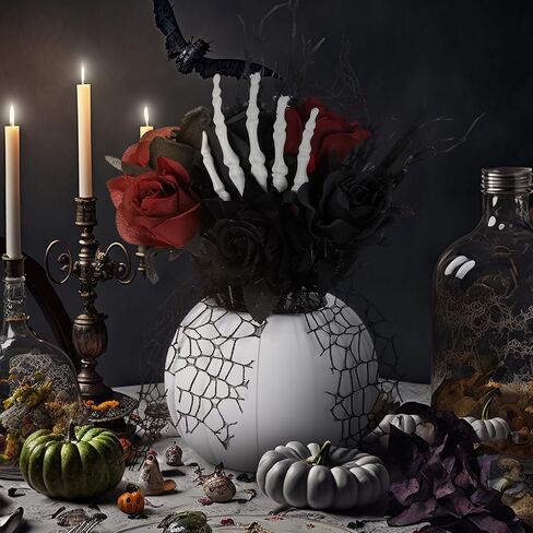 Chuangdi Halloween Table Centerpieces Decorations Halloween Table Artificial Flowers Decor Gothic Skeleton Hand with Black Red Fake Roses Removable Pumpkin Vase for Party Dining Photo Props in Saudi Arabia