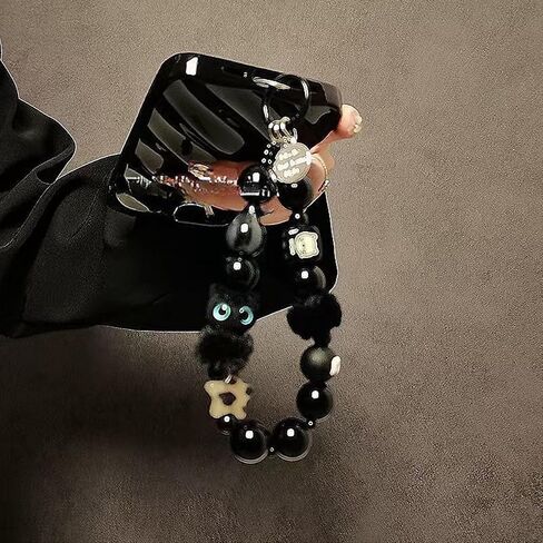 سلسلة مفاتيح على شكل قطة سوداء مطرزة بالخرز - حبل أنيق قابل للتعديل للنساء، حزام هاتف أنيق وحلية حقيبة، هدية حلقة مفاتيح ناعمة للقطط in Saudi Arabia