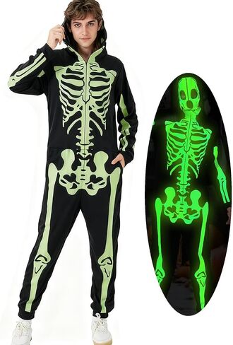 Halloween Skeleton Costume – Glow-in-the-Dark Pajama Jumpsuit with Zipper Hooded Skull Print for Themed Party & Role-Play in Saudi Arabia