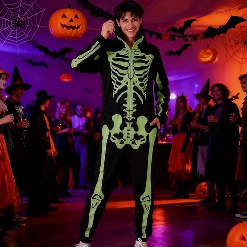 Halloween Skeleton Costume – Glow-in-the-Dark Pajama Jumpsuit with Zipper Hooded Skull Print for Themed Party & Role-Play in Saudi Arabia