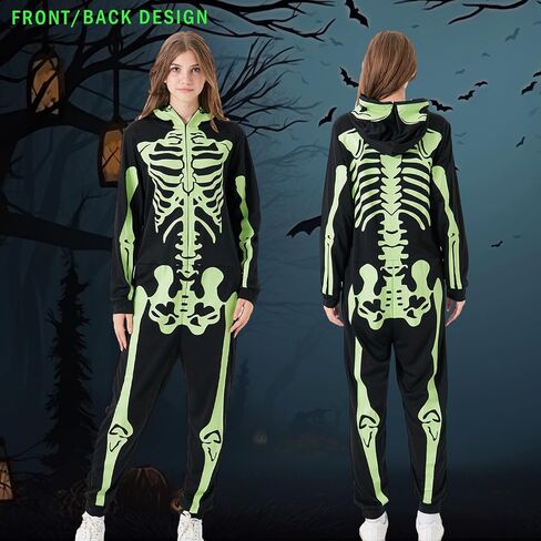 Halloween Skeleton Costume – Glow-in-the-Dark Pajama Jumpsuit with Zipper Hooded Skull Print for Themed Party & Role-Play in Saudi Arabia