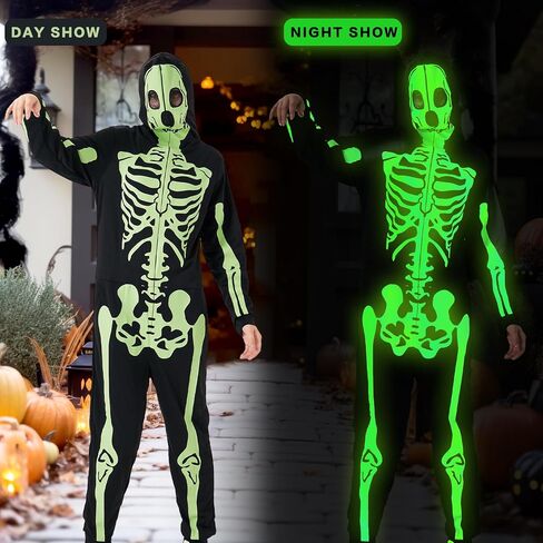 Halloween Skeleton Costume – Glow-in-the-Dark Pajama Jumpsuit with Zipper Hooded Skull Print for Themed Party & Role-Play in Saudi Arabia