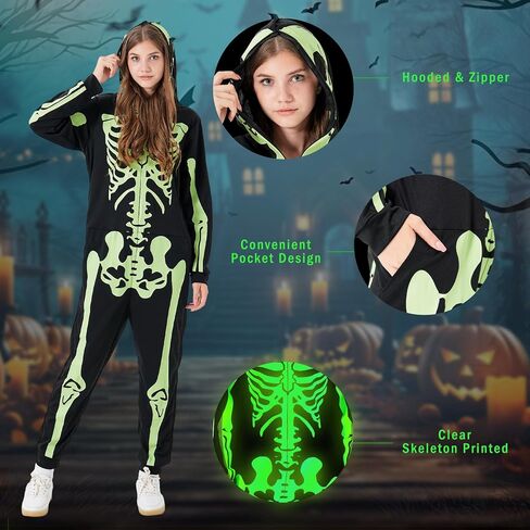 Halloween Skeleton Costume – Glow-in-the-Dark Pajama Jumpsuit with Zipper Hooded Skull Print for Themed Party & Role-Play in Saudi Arabia