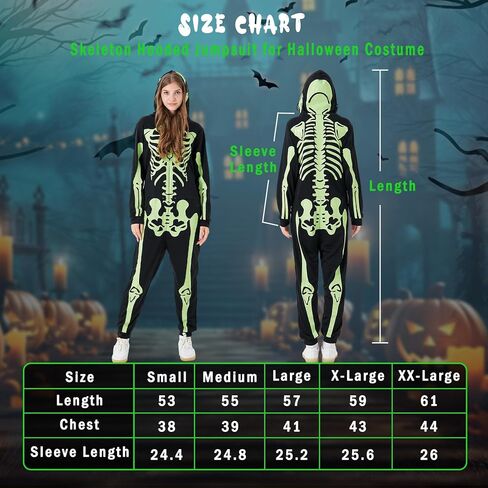 Halloween Skeleton Costume – Glow-in-the-Dark Pajama Jumpsuit with Zipper Hooded Skull Print for Themed Party & Role-Play in Saudi Arabia