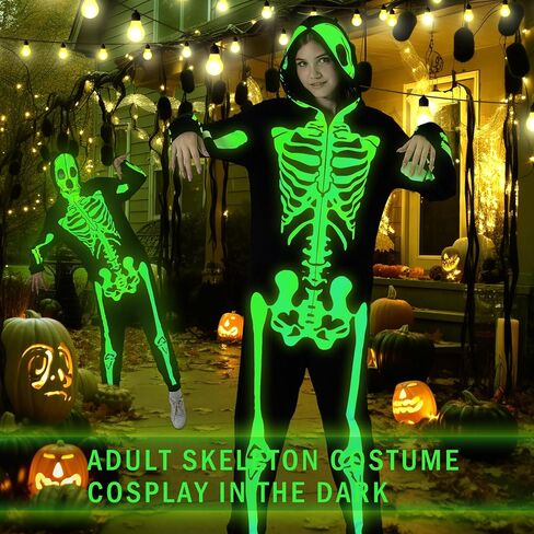 Halloween Skeleton Costume – Glow-in-the-Dark Pajama Jumpsuit with Zipper Hooded Skull Print for Themed Party & Role-Play in Saudi Arabia
