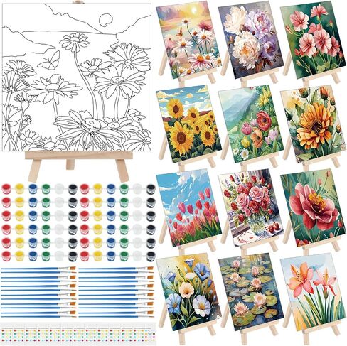 Tenceur 12 Sets Ramadan Pre Drawn Painting Canvas Kit for Adults & Kids Pre Printed Stretched Canvas with Mini Easels, Acrylic Paints and Brushes DIY Islamic Art Craft for Eid, Party and Home Decor in Kuwait
