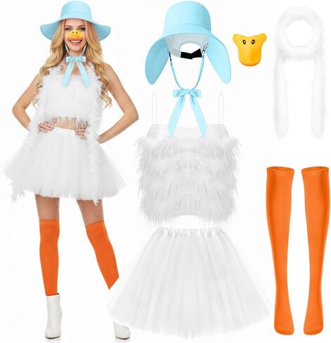 Halloween Goose Costume Set for Women, 5 Pcs Halloween Outfit with Feather Top, Bonnet, Tutu Skirt & Beak Prop in Kuwait
