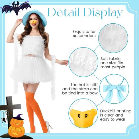 Halloween Goose Costume Set for Women, 5 Pcs Halloween Outfit with Feather Top, Bonnet, Tutu Skirt & Beak Prop in Kuwait