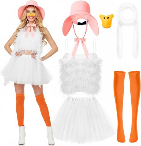 Halloween Goose Costume Set for Women, 5 Pcs Halloween Outfit with Feather Top, Bonnet, Tutu Skirt & Beak Prop in Kuwait