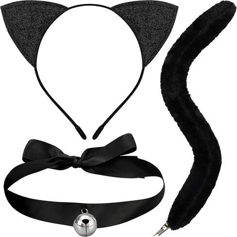 مجموعة إكسسوارات تنكرية للقطط السوداء مكونة من 3 قطع للنساء وعصابة رأس بذيل طويل وجرس وقلادة على شكل آذان قطة سوداء وقلادة على شكل جرس للهالوين والقطط والإكسسوارات التنكرية للهالوين والحفلات التنكرية in Kuwait