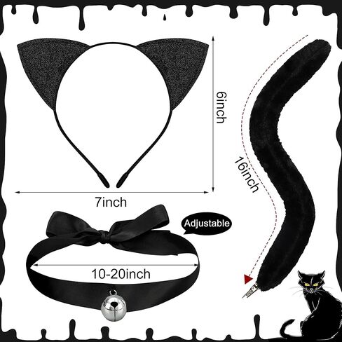 مجموعة إكسسوارات تنكرية للقطط السوداء مكونة من 3 قطع للنساء وعصابة رأس بذيل طويل وجرس وقلادة على شكل آذان قطة سوداء وقلادة على شكل جرس للهالوين والقطط والإكسسوارات التنكرية للهالوين والحفلات التنكرية in Kuwait