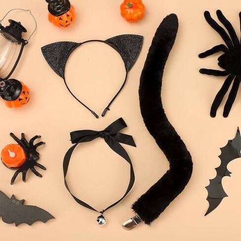مجموعة إكسسوارات تنكرية للقطط السوداء مكونة من 3 قطع للنساء وعصابة رأس بذيل طويل وجرس وقلادة على شكل آذان قطة سوداء وقلادة على شكل جرس للهالوين والقطط والإكسسوارات التنكرية للهالوين والحفلات التنكرية in Kuwait