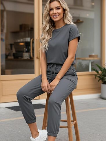 Women Two Piece Jogger Set,Womens Short Sleeve Lounge,Casual Tracksuit, Elastic Waist Sweatpants Set for Home Office in Saudi Arabia