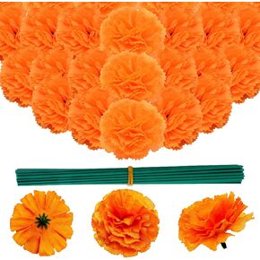 100Pcs Bulk Silk Artificial Orange Marigold Flowers Heads with Stems for Day of Dead, Halloween, Diwali Garland Wreath Home Party Decor in Saudi Arabia
