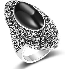 أحجار الراين السوداء البيضاوي كوكتيل بيان خواتم للنساء بوهو أنيقة Marcasite العقيق البنصر للذكرى الزفاف خمر الراحة تناسب الأزياء والمجوهرات in Saudi Arabia