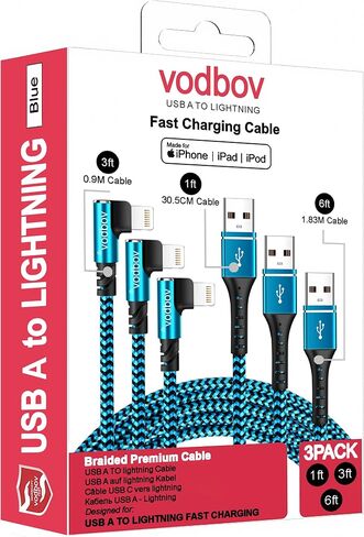 iPhone Charger Lightning Cord 3Pack 1FT 3FT 6FT Right Angle MFi Certified Cable Braided USB Charging Wire High Speed Black in Saudi Arabia