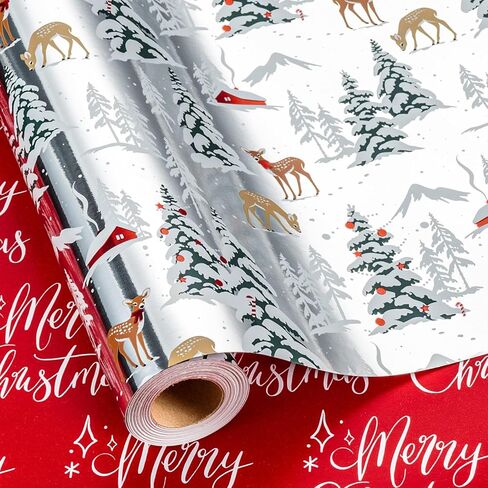 Garbendy Christmas Wrapping Paper Mini Roll - Red Patterns Reindeer/Snowflake/Christmas Tree/Letters Design in Silver Glitter Wrapping Paper Perfect For Christmas Day - 17in x 32.8ft in Kuwait