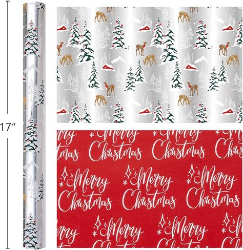 Garbendy Christmas Wrapping Paper Mini Roll - Red Patterns Reindeer/Snowflake/Christmas Tree/Letters Design in Silver Glitter Wrapping Paper Perfect For Christmas Day - 17in x 32.8ft in Kuwait