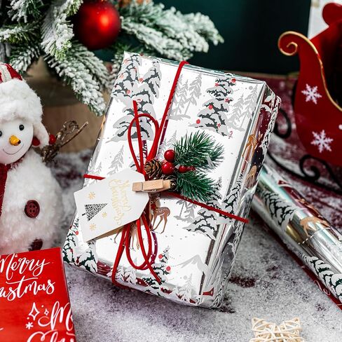 Garbendy Christmas Wrapping Paper Mini Roll - Red Patterns Reindeer/Snowflake/Christmas Tree/Letters Design in Silver Glitter Wrapping Paper Perfect For Christmas Day - 17in x 32.8ft in Kuwait
