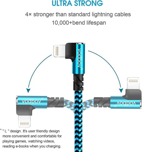iPhone Charger Lightning Cord 3Pack 1FT 3FT 6FT Right Angle MFi Certified Cable Braided USB Charging Wire High Speed Black in Saudi Arabia
