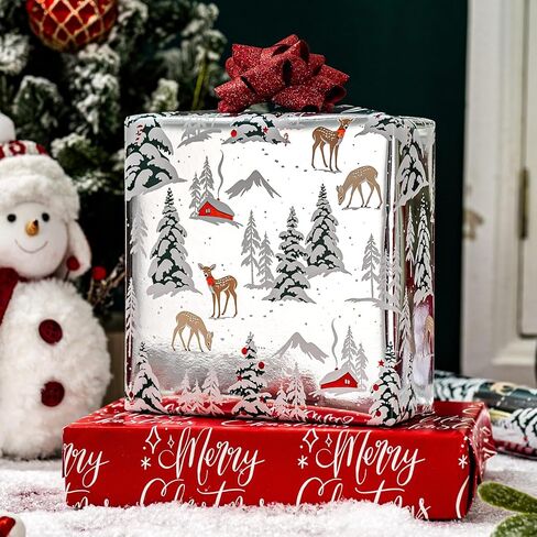 Garbendy Christmas Wrapping Paper Mini Roll - Red Patterns Reindeer/Snowflake/Christmas Tree/Letters Design in Silver Glitter Wrapping Paper Perfect For Christmas Day - 17in x 32.8ft in Kuwait