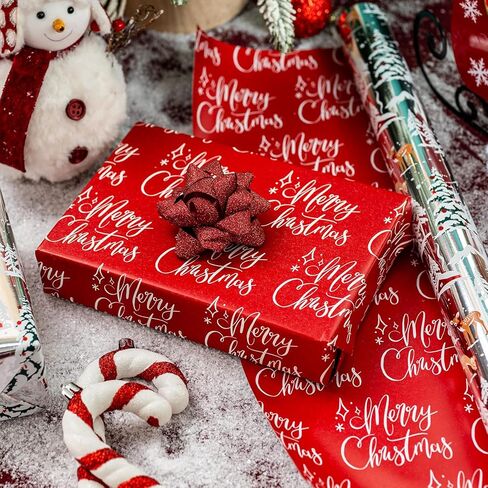 Garbendy Christmas Wrapping Paper Mini Roll - Red Patterns Reindeer/Snowflake/Christmas Tree/Letters Design in Silver Glitter Wrapping Paper Perfect For Christmas Day - 17in x 32.8ft in Kuwait