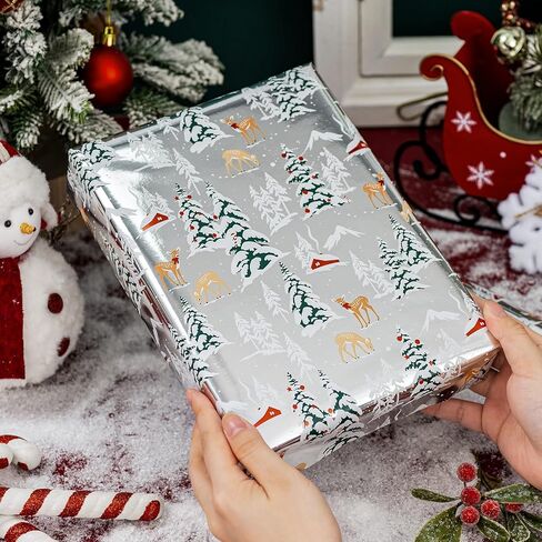 Garbendy Christmas Wrapping Paper Mini Roll - Red Patterns Reindeer/Snowflake/Christmas Tree/Letters Design in Silver Glitter Wrapping Paper Perfect For Christmas Day - 17in x 32.8ft in Kuwait