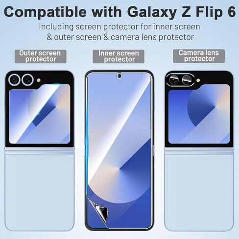 [3 + 3 + 2 حزمة] واقي شاشة Samsung Galaxy Z flip 6 5G، 3 عبوات واقي شاشة داخلي من مادة TPU + 3 عبوات من الزجاج المقسى الخارجي + 2 واقي عدسة الكاميرا، سهل التركيب باستخدام أداة المحاذاة in Kuwait
