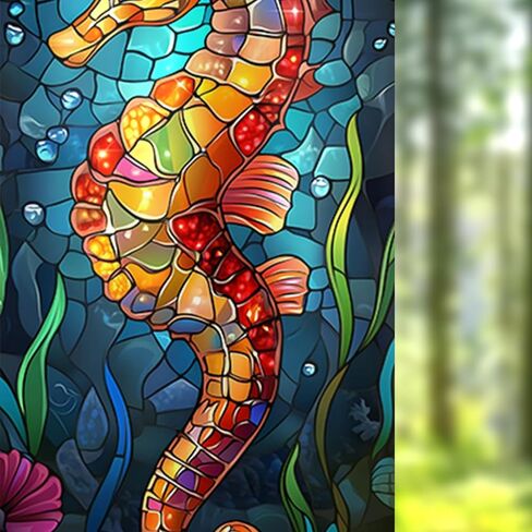 Nuxovilar Stained Glass Seahorse Window Film, 16.9×39.4inch, Underwater Seahorse Pattern Static Cling for Privacy & Decor (Frosted) in Saudi Arabia