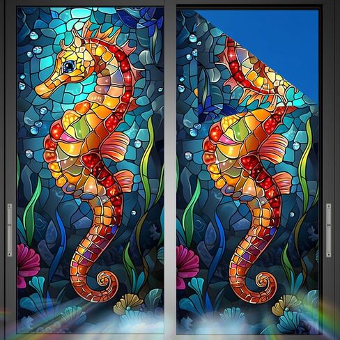 Nuxovilar Stained Glass Seahorse Window Film, 16.9×39.4inch, Underwater Seahorse Pattern Static Cling for Privacy & Decor (Frosted) in Saudi Arabia