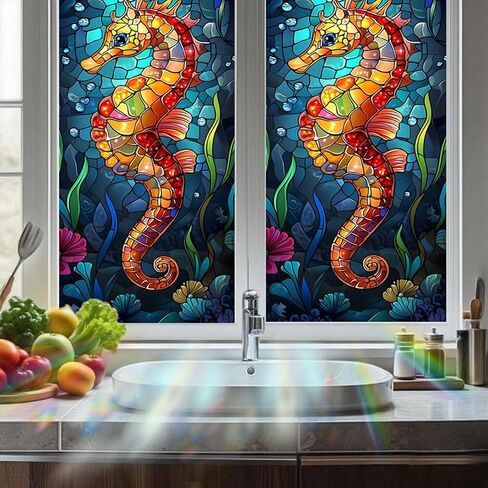 Nuxovilar Stained Glass Seahorse Window Film, 16.9×39.4inch, Underwater Seahorse Pattern Static Cling for Privacy & Decor (Frosted) in Saudi Arabia