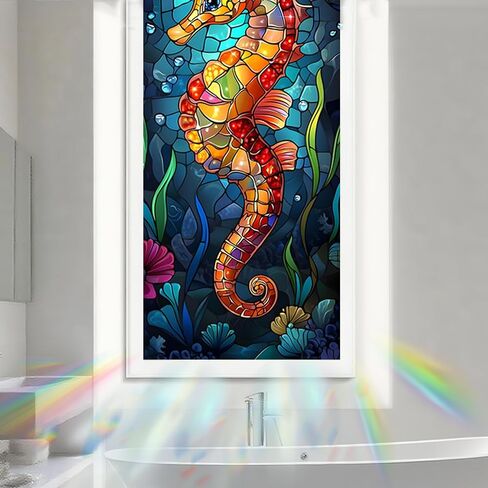 Nuxovilar Stained Glass Seahorse Window Film, 16.9×39.4inch, Underwater Seahorse Pattern Static Cling for Privacy & Decor (Frosted) in Saudi Arabia
