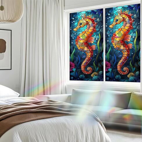 Nuxovilar Stained Glass Seahorse Window Film, 16.9×39.4inch, Underwater Seahorse Pattern Static Cling for Privacy & Decor (Frosted) in Saudi Arabia