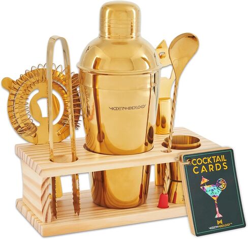 Mixology Bartender Kit - 8-Piece Gold Cocktail Shaker Set with Pine Wood Stand, Recipe Cards, and Bar Accessories Ideas in Saudi Arabia