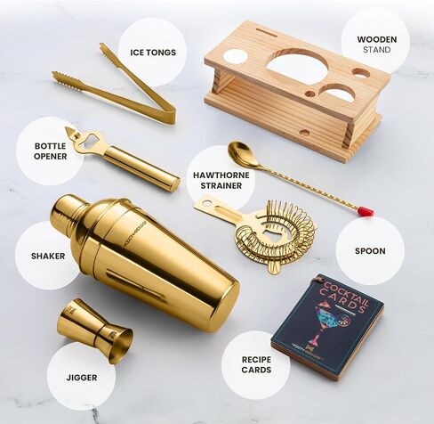 Mixology Bartender Kit - 8-Piece Gold Cocktail Shaker Set with Pine Wood Stand, Recipe Cards, and Bar Accessories Ideas in Saudi Arabia