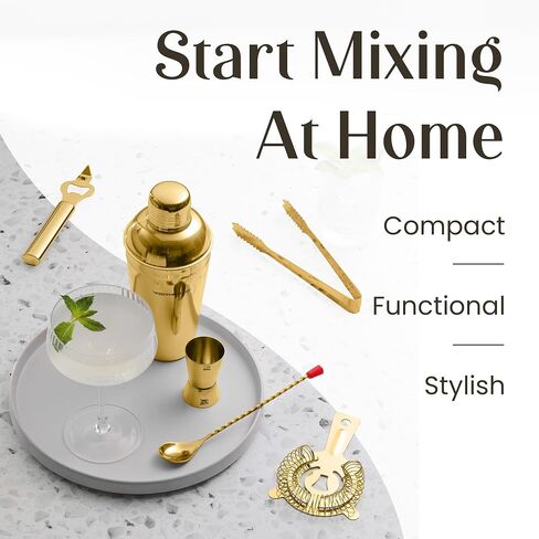 Mixology Bartender Kit - 8-Piece Gold Cocktail Shaker Set with Pine Wood Stand, Recipe Cards, and Bar Accessories Ideas in Saudi Arabia