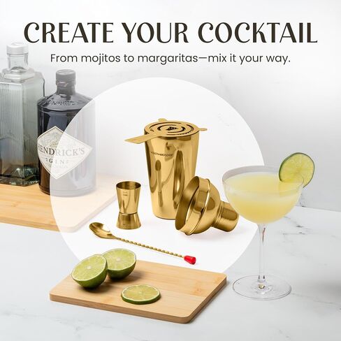 Mixology Bartender Kit - 8-Piece Gold Cocktail Shaker Set with Pine Wood Stand, Recipe Cards, and Bar Accessories Ideas in Saudi Arabia