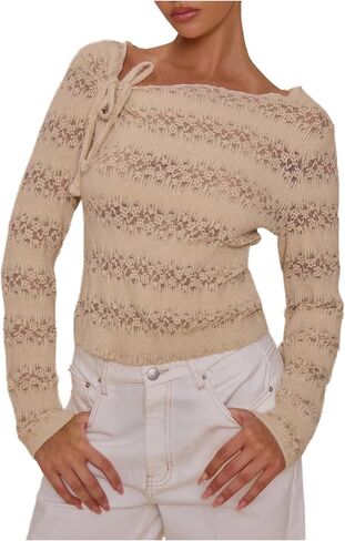 MakeMeChic Women's Elegant Boat Neck Sweater Tie Long Sleeve Knit Pullover Tops in Saudi Arabia